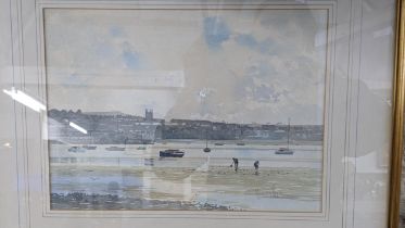 Mark Gibbons - A watercolour of cockle pickers on the beach with moored boats and buildings in the