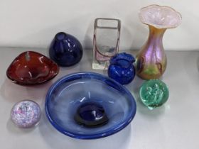 Mixed glassware to include a signed paperweight, Whitefriars bowl, Holmegaard blue bowl, an Allum
