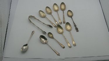 Silver to include six teaspoons, three other spoons and sugar tongs 126g Location: