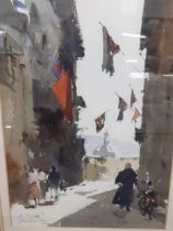 John Yardley - Banners in Assisi - watercolour, 24cm x 32cm, signed in pencil to the lower left hand