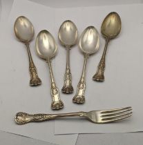 Five silver dessert spoons together with one dinner fork, total weight 346.3g Location: