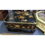 An Oriental black lacquered octagonal coffee table, the top decorated with birds amongst flowers and