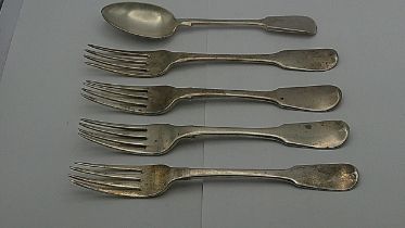 Silver comprising of four fiddle pattern forks and a spoon 347g Location: