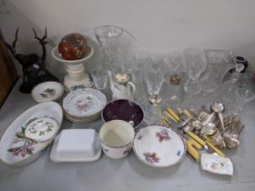 A mixed lot to include cut glassware, silver plated cutlery, ribbon plates and other items Location:
