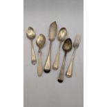 Mixed silver to include various teaspoons, one hallmarked London 1819, along with a silver fish