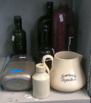 James Dixson 43oz. pewter flask (vase), Tennants Lager beer jug, mixed glass advertising bottles and