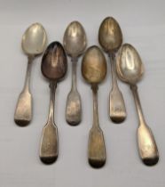 Six Victorian silver fiddle pattern dessert spoons hallmarked London 1843 total weight 308.3g