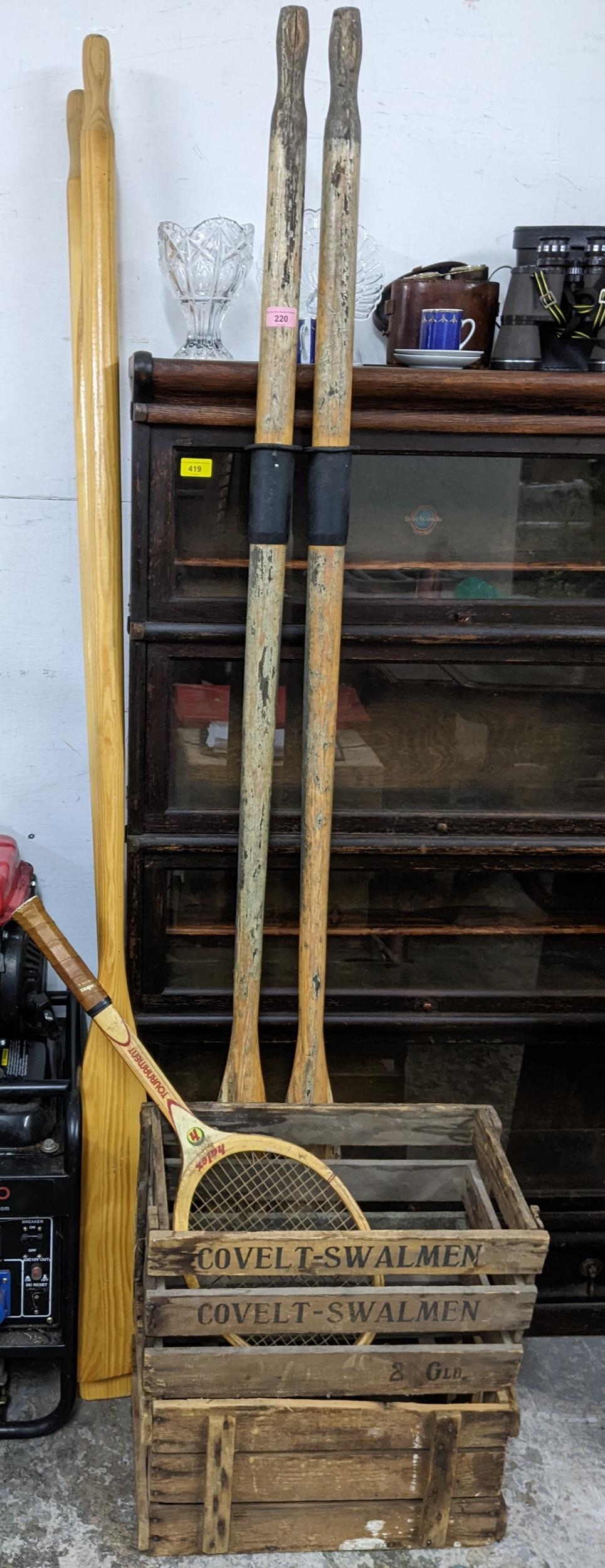 A lot to include a DIXALP and COVEL T-Swalmen wooden crates, a Halex Tournament wooden tennis