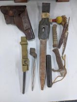 Mixed militaria and related to include a WWII era spike bayonet with scabbard, a shagreen handle,