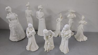 A collection of nine porcelain Worcester and Coalport figurines of ladies to include three Worcester