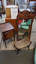 A 19th century walnut framed mirror, a mahogany bedside cabinet and a caned stool Location: