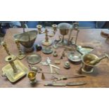 Mixed brass and metalware items to include candle sticks, trophy, floral design photo frame,