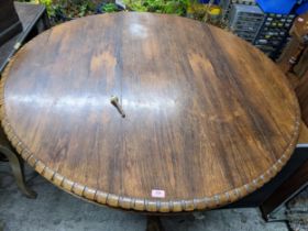 A Regency/early Victorian rosewood tilt top breakfast table, circular top with dentil moulded edge