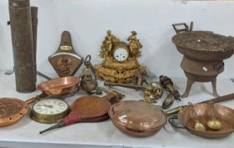 A mixed lot of mostly metalware to include Victorian copper cookware, a 19th century fog horn, light