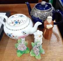 A Doulton blue glazed tea pot A/F with pierced silver overlay together with a Shelley 'Chelsea'