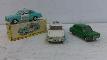 Three Dinky toys to include a Ford Escort Panda police car with original box (270), a Ford Zodiac