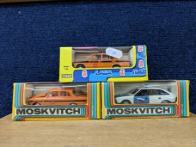Three boxed vehicles to include three Moskovitch police cars all boxed, one in Lada box Location: