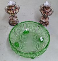 Glassware to include Welz style bohemian 'honeycomb' vases along with a green cut glass fruit bowl