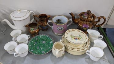 A mixed lot to include a Victorian frog mug, lustre tea pot, Bunnykins china, Minton Regal tea