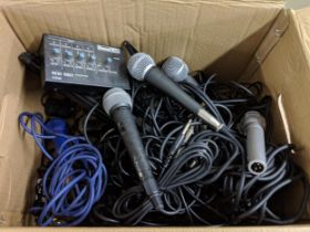 Musical electrical equipment to include a Sound Lab Micro Mixer G105AA and microphones, a Connect-