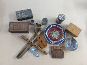 A mixed lot to include carved treen boxes, and a metal example, cloisonne dish and ashtray in the
