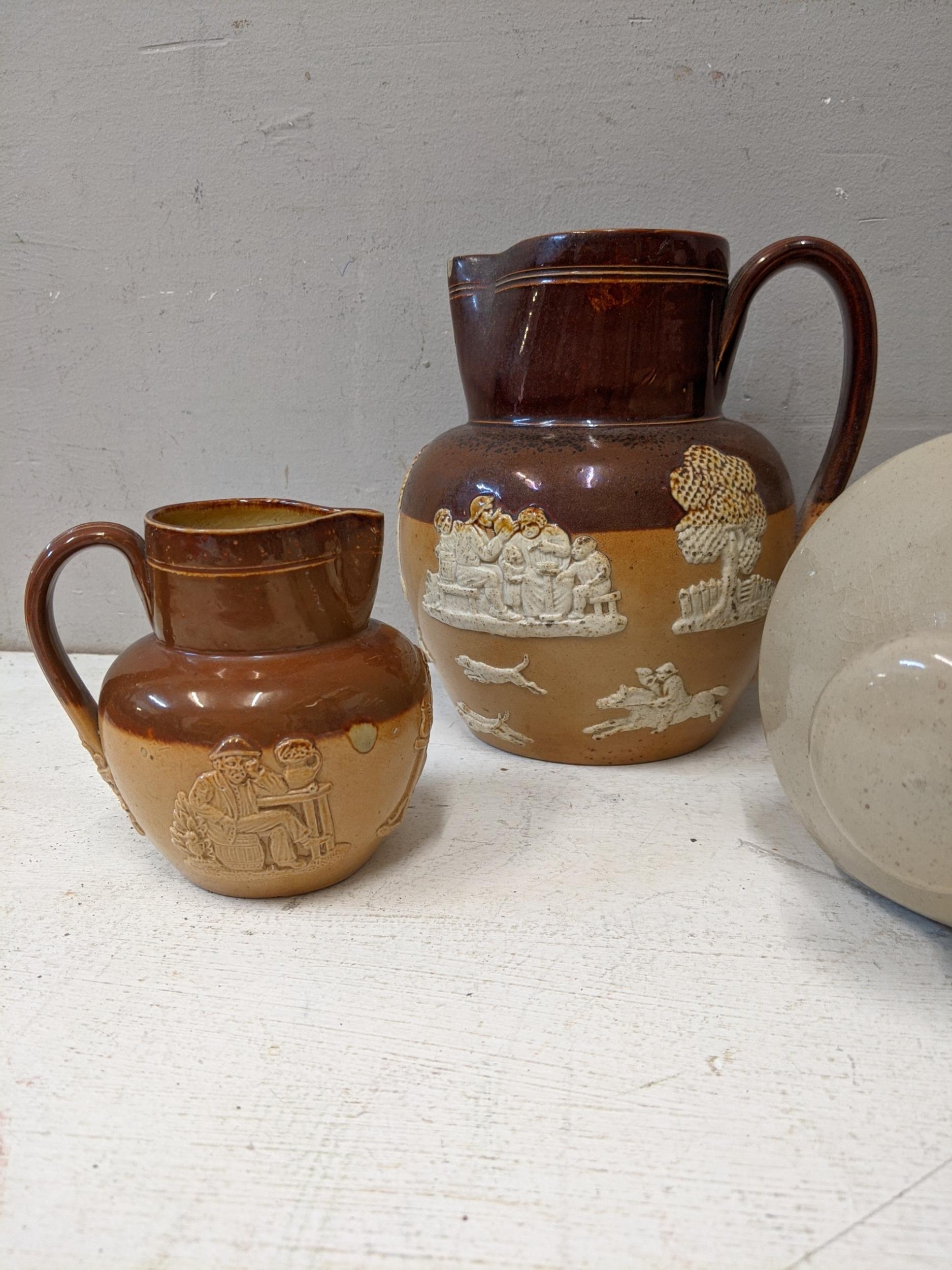 Three Doulton Lambeth jugs of various sizes and a pair on stone bed warmers and other household - Image 3 of 6