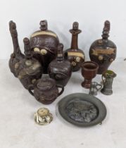 Stoneware to include Calvados flagons and cups together with a decorative pewter plate and other