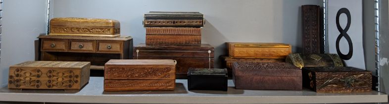 Fourteen wooden boxes to include a black lacquered Oriental style box and a mahogany box with mother