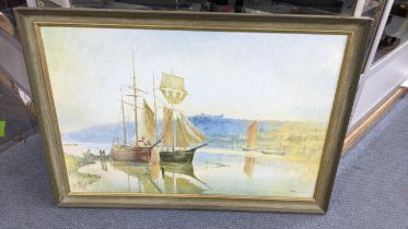 John Chamberlain - oil painting Whitby harbour, 52cm x 77cm framed Location: