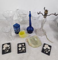 Mixed glassware to include a blue 'organic' form vase having twisted swan neck, cut glass and