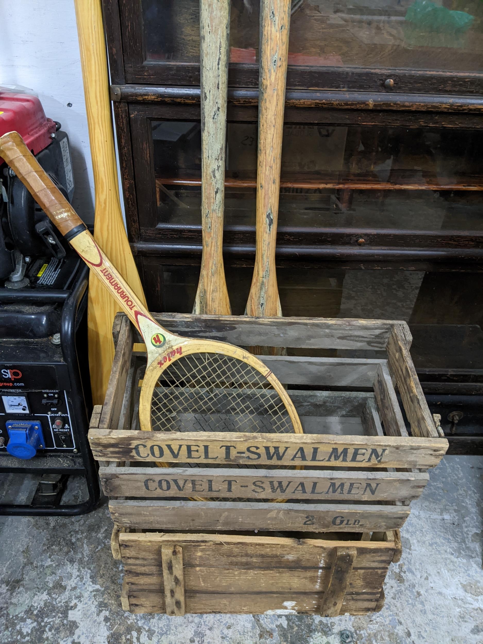 A lot to include a DIXALP and COVEL T-Swalmen wooden crates, a Halex Tournament wooden tennis - Image 3 of 4