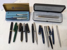 Seven Parker fountain and ballpoint pens to include a Duofold and another with 14ct gold nibs, a