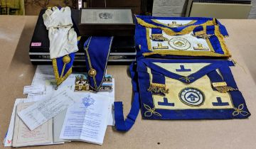 Masonic and Freemasons items to include a Masons white leather apron with London emblem, paperwork