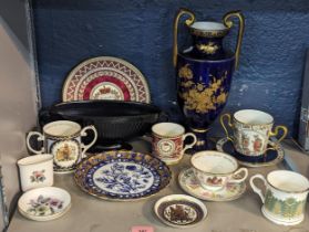 Mixed ceramics to include Copeland blue and white and gilt plate, Dresden twin handled vase A/F,
