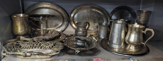 Mixed metalware to include silver plated trays, platter, tankards along with pewter examples
