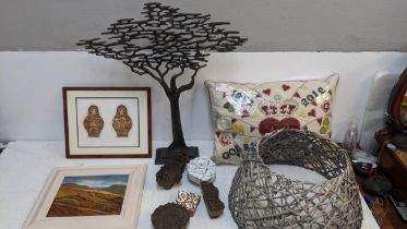 Home interior items to include a tapestry commemorative cushion, a cast metal tree, wood printing