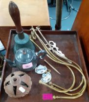 A mixed lot to include a Pedigree doll, a vintage hand bell, a carved Brazilian nut, a gold plated