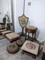 Small furniture to include an Edwardian mahogany pole screen three stools and a pair of foot
