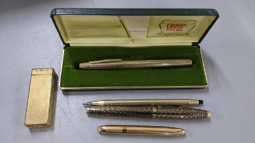 A Shaffer Triumph Imperial gold plated fountain pen, a Cross century ballpoint and rollerball, a s