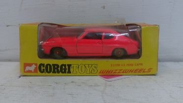 A Corgi Whizzwheels 3 litre V6 Ford Capri 311 in florescent orange, fitted with black interior and