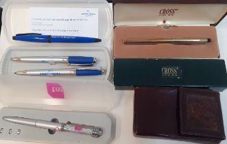 A Cross gold tone ballpoint pen in original box together with other pens and a vintage