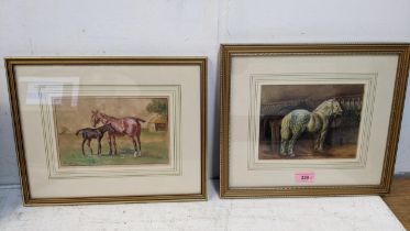 John Atkinson - a bay hunter horse and foal, and Pengelly two horses in a stable, watercolours,