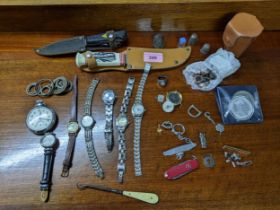 Collectables to include wristwatches, penknife, stirrup cups, two sheath knives, and metal