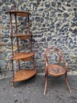 A Victorian inlaid walnut corner whatnot and a child's bentwood chair Location: