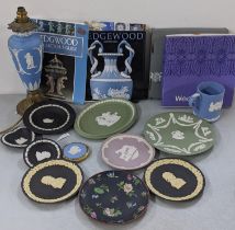 A collection of Wedgwood to include a table lamp, a black basalt and enamelled plate and others