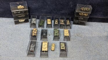 A quantity of 22 Perspex cased (except one) diecast army vehicles to include mainly tanks, varying