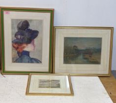 Watercolours to include a coastal scene, a river scene and an Edwardian portrait Location: