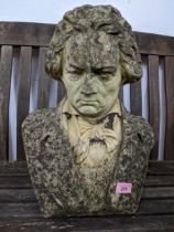 An English stone carved bust of Beethoven, circa 1960, 42cm high Location: