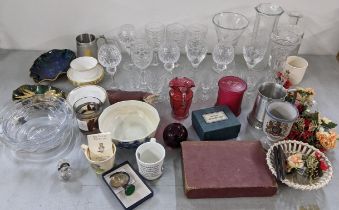 A mixed lot to include crystal glassware boxed Worcester egg coddlers, paperweight and other items