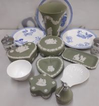 A quantity of green Wedgwood Jasperware to include a vase and trinket pots together with 2x Royal